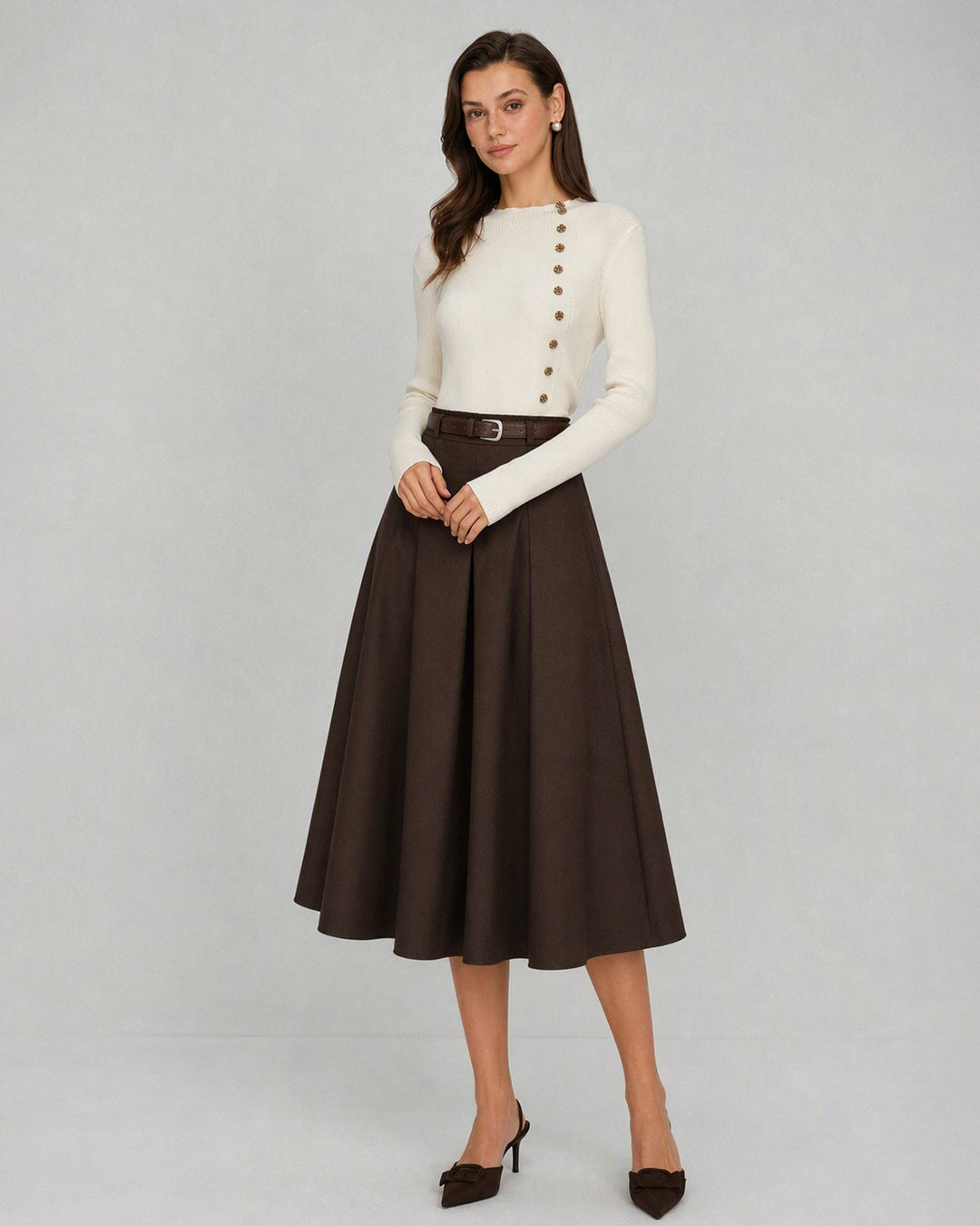 Jupe Midi à Taille Élastique avec Poches Coffee Belt