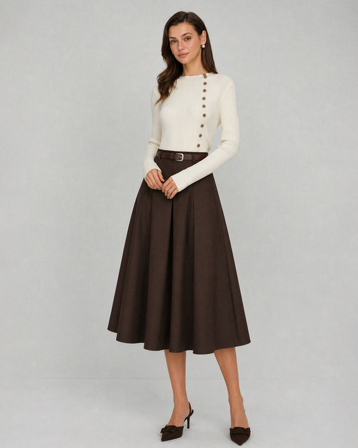 Jupe Midi à Taille Élastique avec Poches Coffee Belt