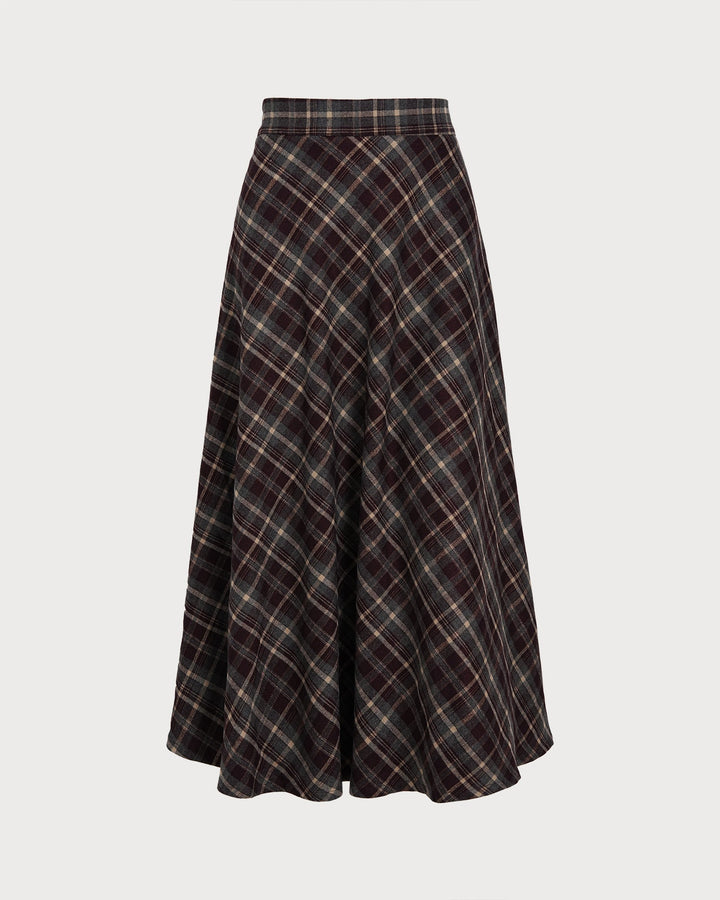 Jupe Midi Plaid Élastique Taille Rouge Vin