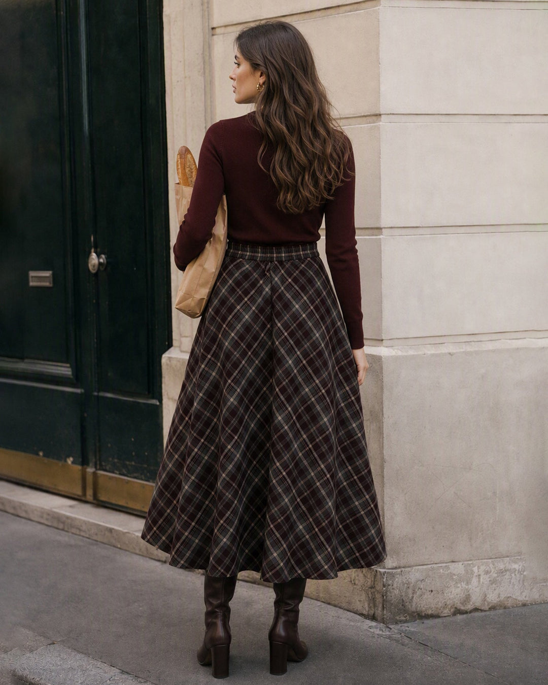 Jupe Midi Plaid Élastique Taille Rouge Vin