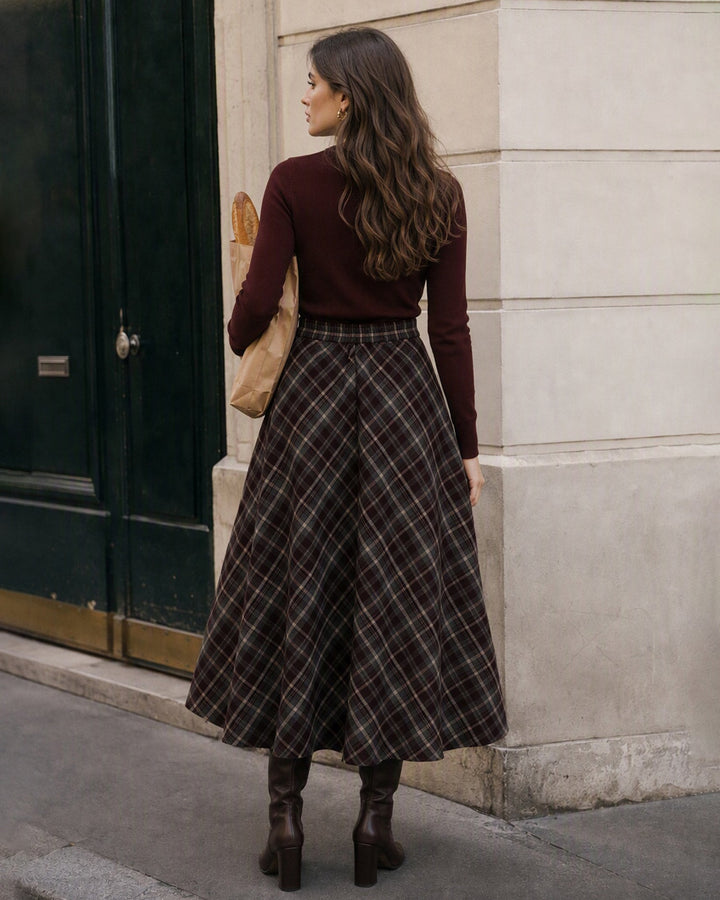 Jupe Midi Plaid Élastique Taille Rouge Vin