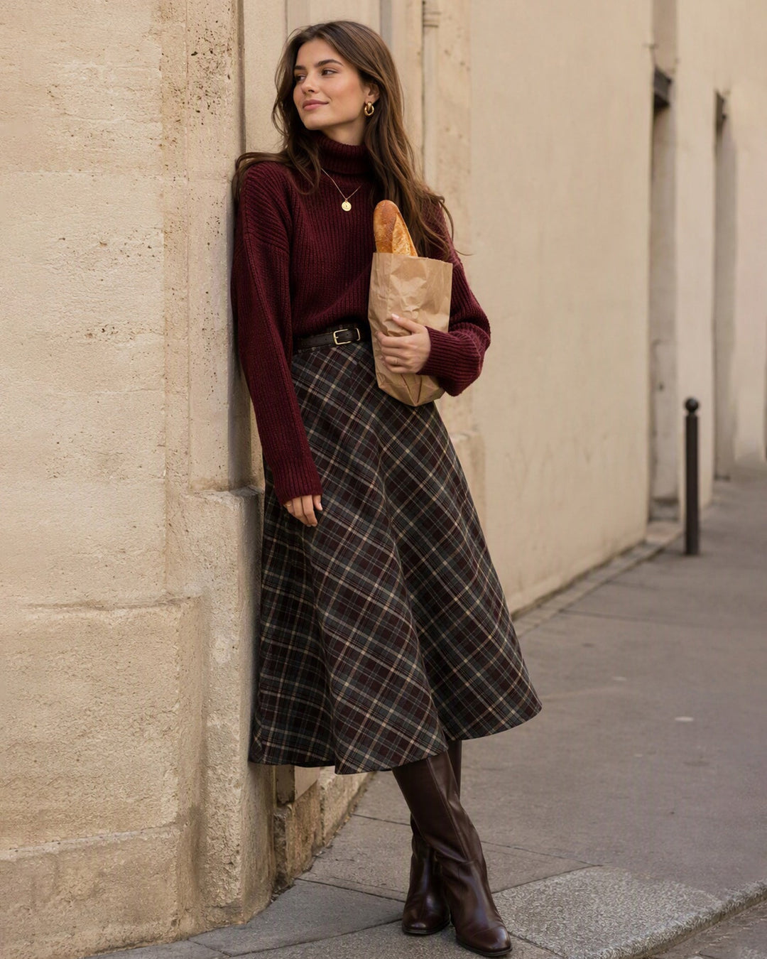 Jupe Midi Plaid Élastique Taille Rouge Vin