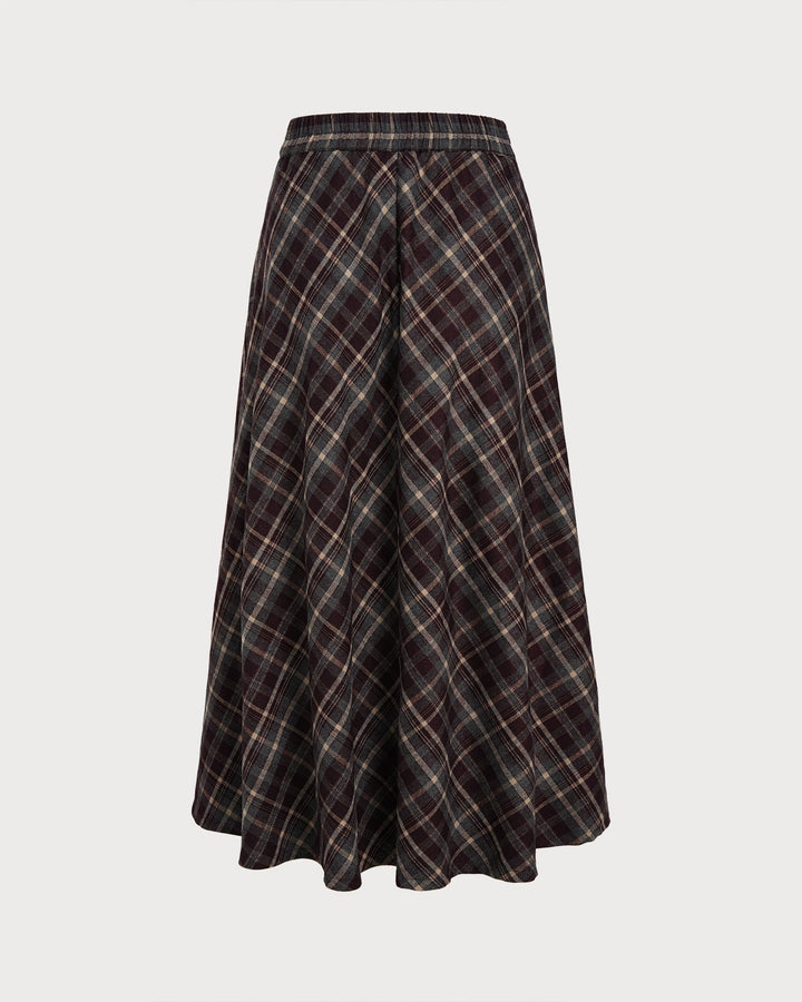 Jupe Midi Plaid Élastique Taille Rouge Vin