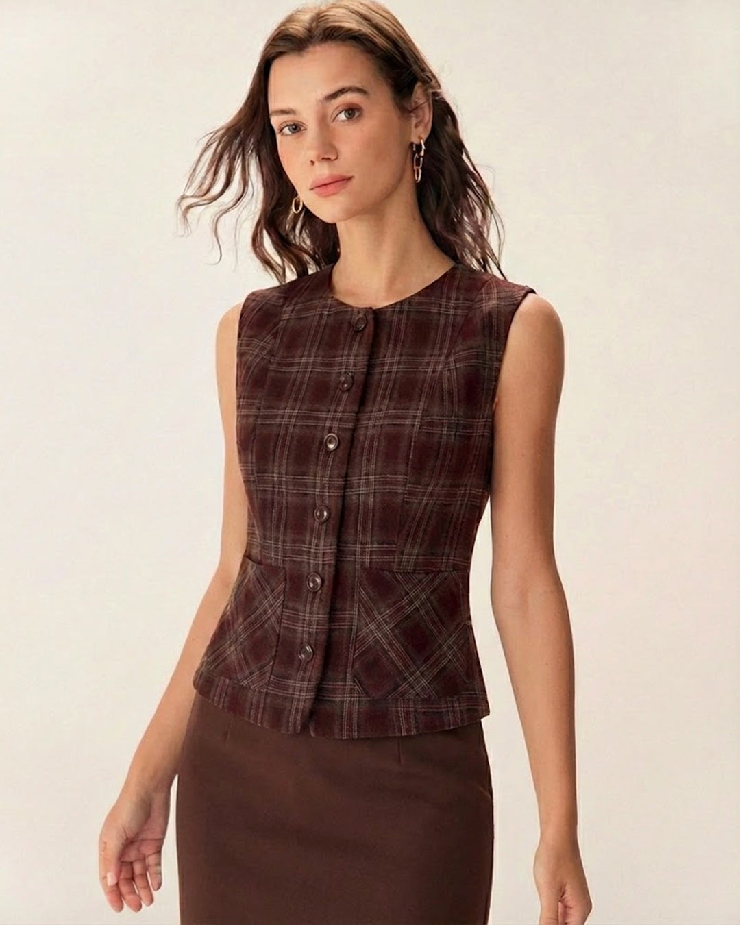 Gilet à carreaux rouge vin à boutonnage simple