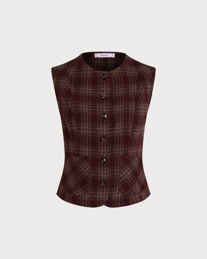 Gilet à carreaux rouge vin à boutonnage simple