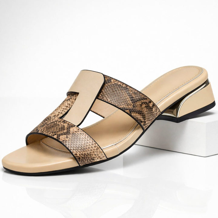 Sandales mules en cuir imprimé serpent à talon bloc pour femme