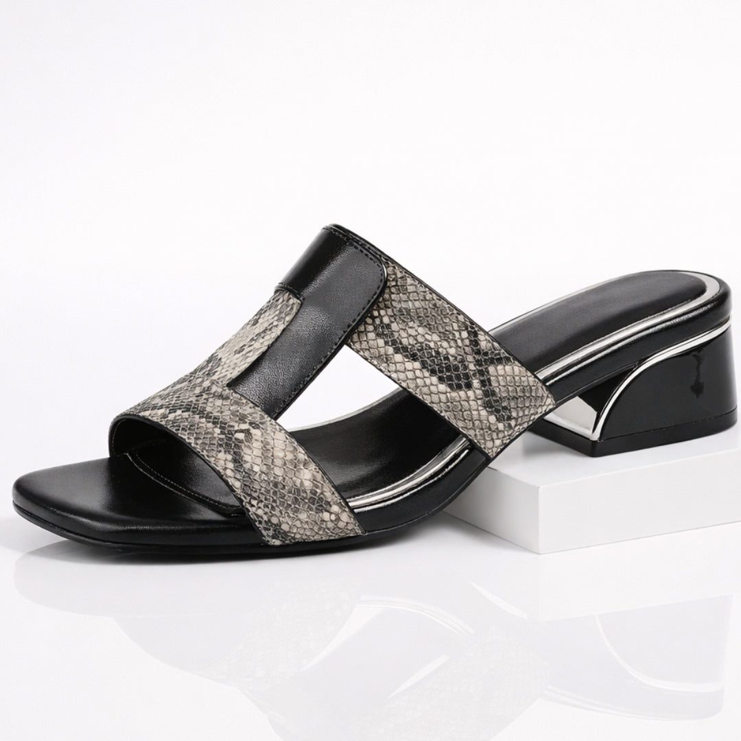 Sandales mules en cuir imprimé serpent à talon bloc pour femme