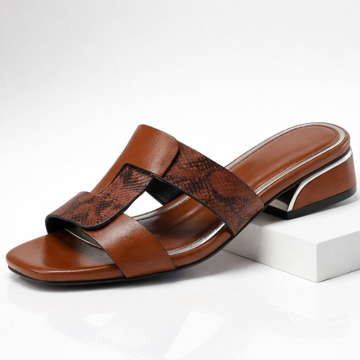 Sandales mules en cuir imprimé serpent à talon bloc pour femme