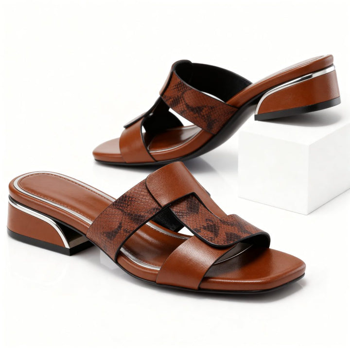Sandales mules en cuir imprimé serpent à talon bloc pour femme