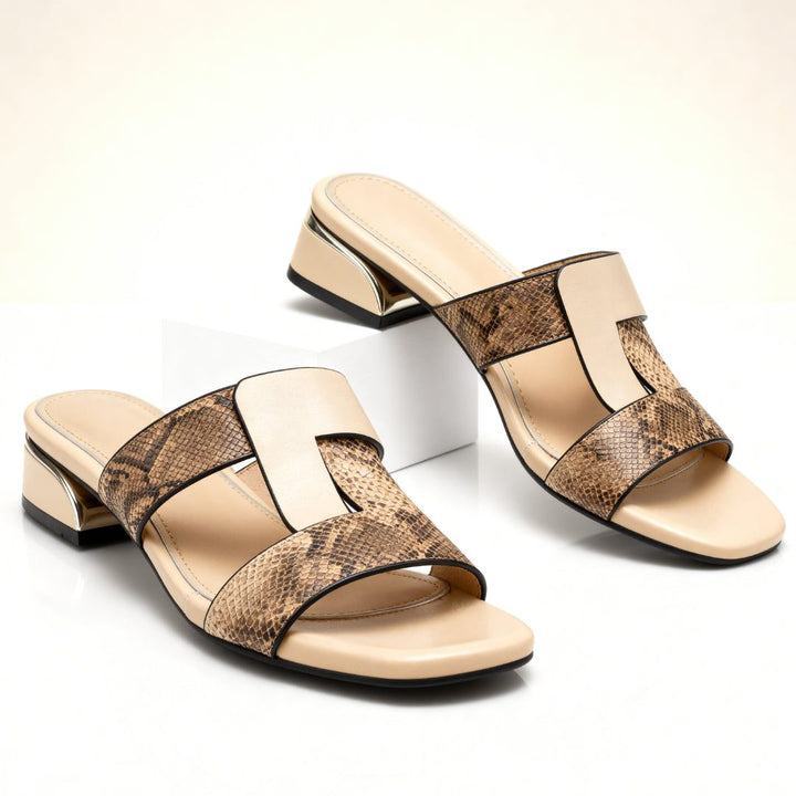 Sandales mules en cuir imprimé serpent à talon bloc pour femme