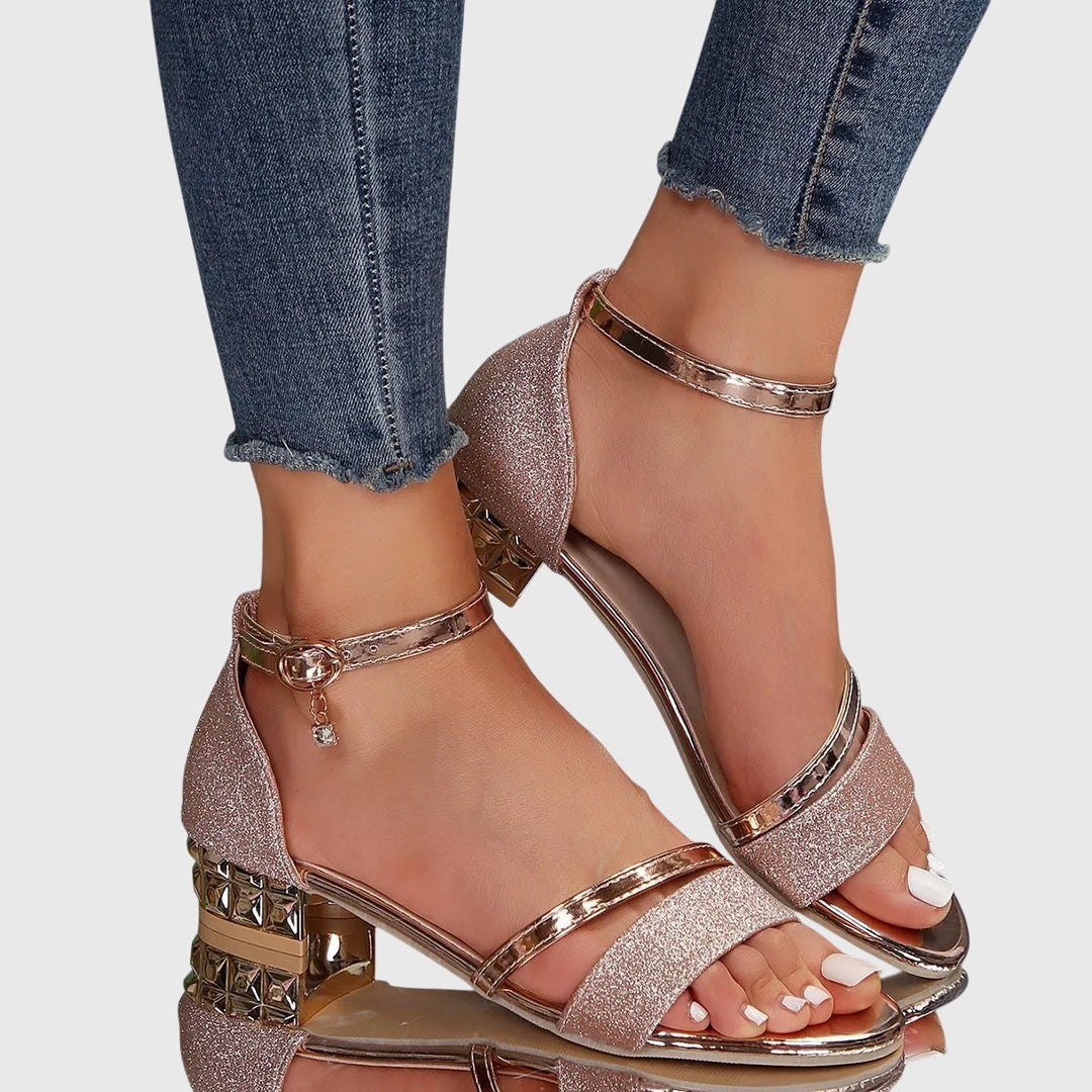 Sandales à talon bloc à paillettes et brides dorées pour femme