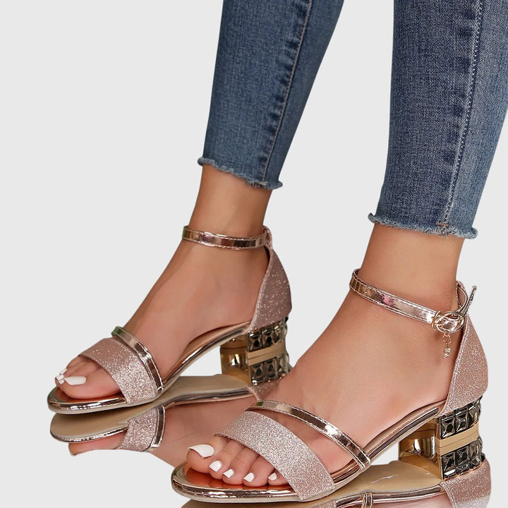 Sandales à talon bloc à paillettes et brides dorées pour femme