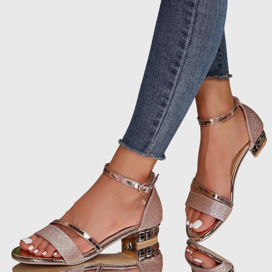 Sandales à talon bloc à paillettes et brides dorées pour femme