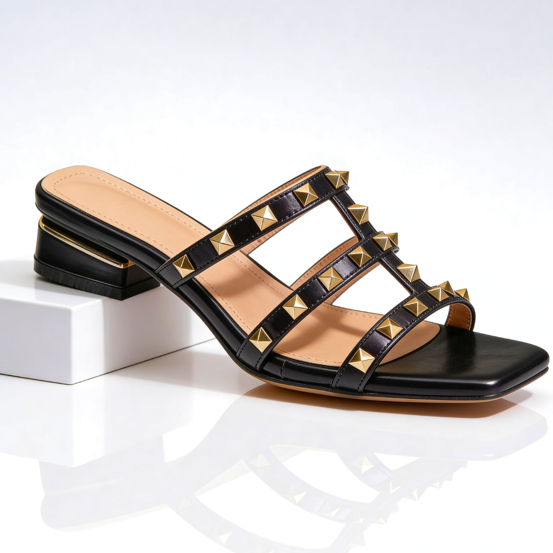 Mules à talon carré en cuir clouté pour femme
