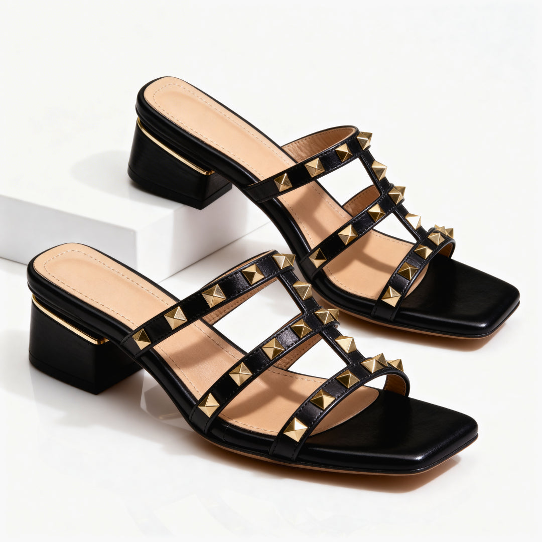 Mules à talon carré en cuir clouté pour femme