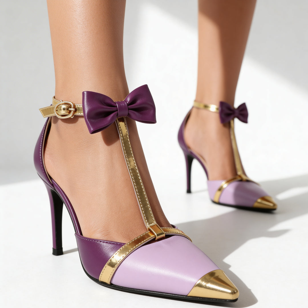 Escarpins T-strap en satin à nœud décoratif pour femme