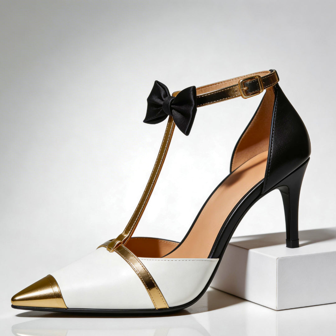 Escarpins T-strap en satin à nœud décoratif pour femme