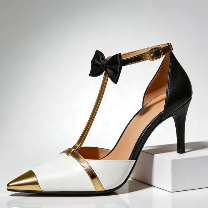 Escarpins T-strap en satin à nœud décoratif pour femme