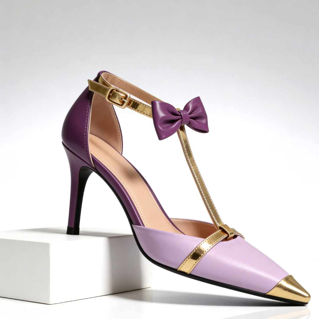 Escarpins T-strap en satin à nœud décoratif pour femme